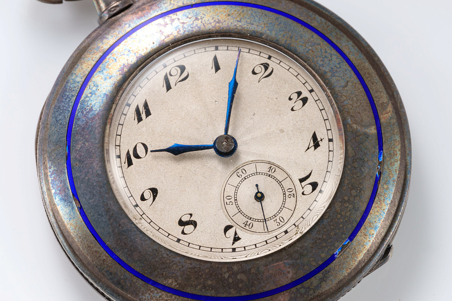 Silver Pocket Watch with Blue Enamel
