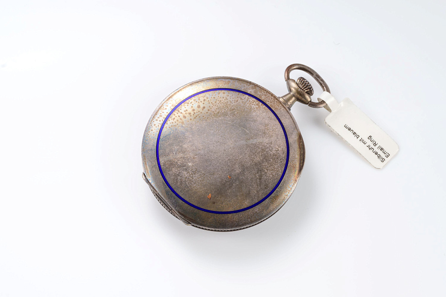 Silver Pocket Watch with Blue Enamel