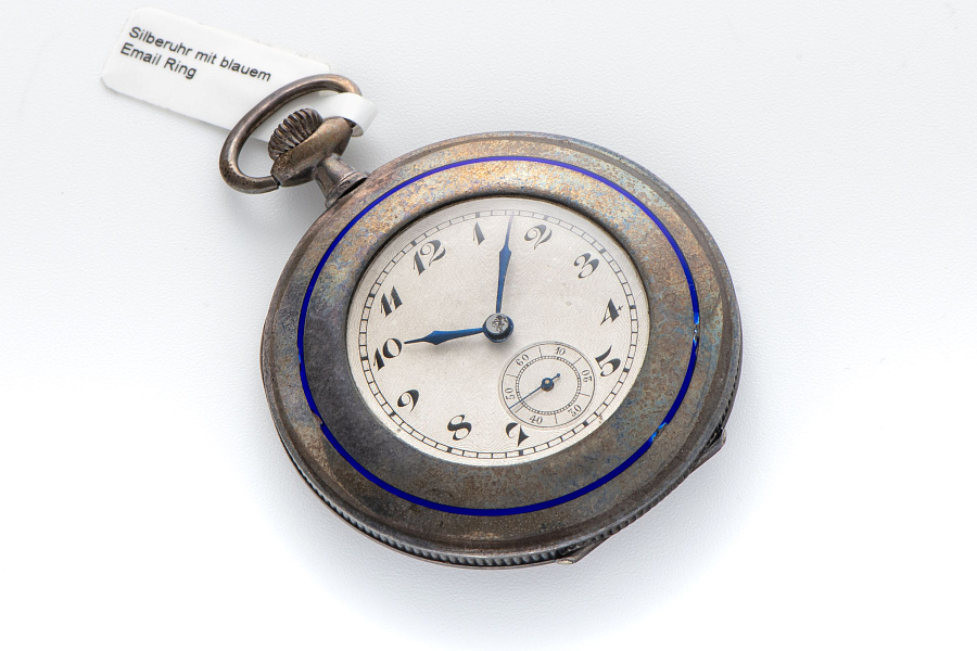 Silver Pocket Watch with Blue Enamel