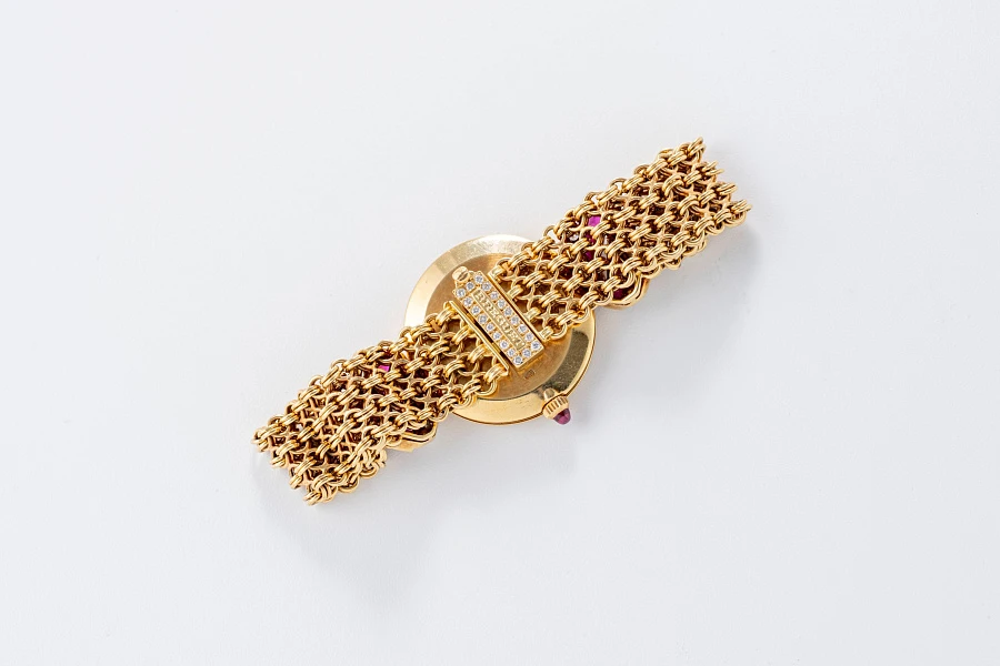 Jewelry Set with Watch, Earrings, and Necklace in 18k Yellow Gold with Diamonds and Rubies