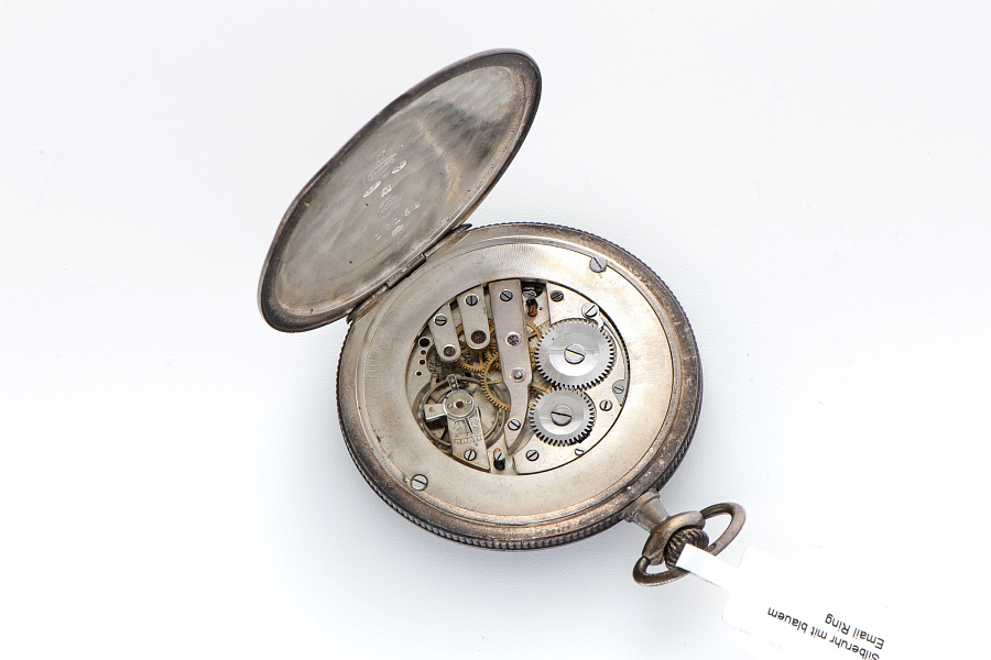 Silver Pocket Watch with Blue Enamel