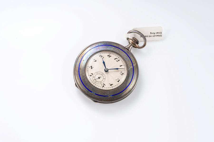 Silver Pocket Watch with Blue Enamel