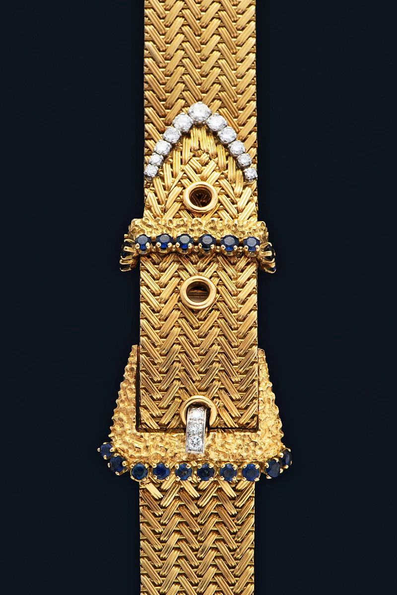 Bracelet Watch in 18k Yellow Gold with Diamonds and Sapphires