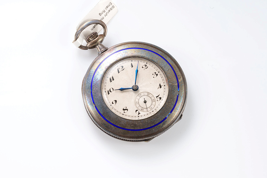 Silver Pocket Watch with Blue Enamel