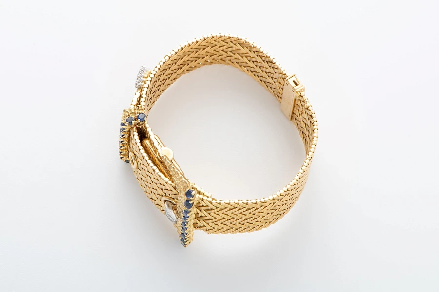 Bracelet Watch in 18k Yellow Gold with Diamonds and Sapphires