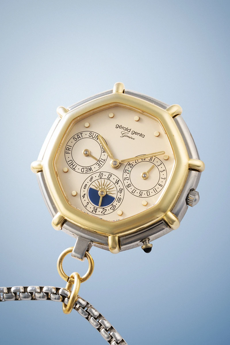 Customized Calendar Pendant Watch in Stainless Steel and 18k Yellow Gold