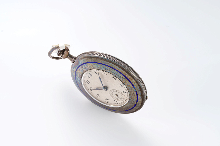 Silver Pocket Watch with Blue Enamel