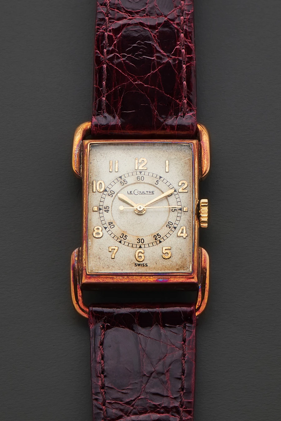 Rectangular Dress Watch in 14k Yellow Gold with Intense Pink Patina