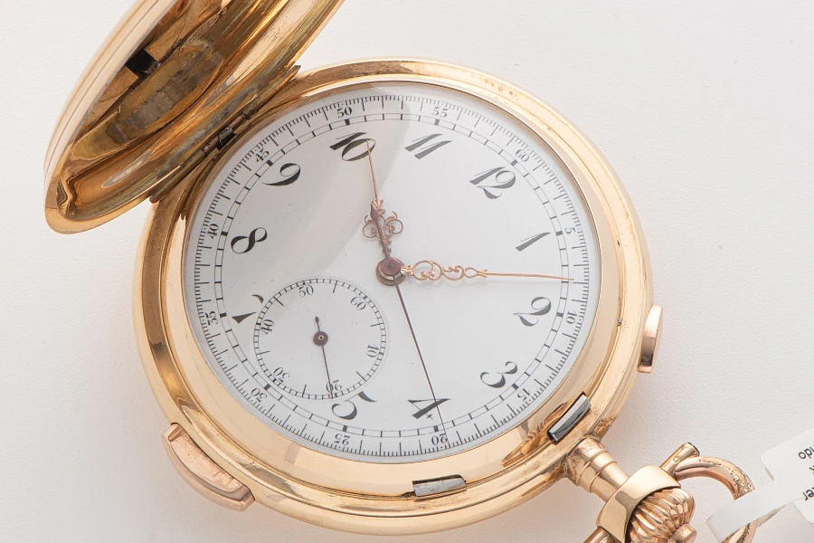 1900s Quarter Repeater Chronograph Pocket Watch in 14k Yellow Gold (Orlando Case)