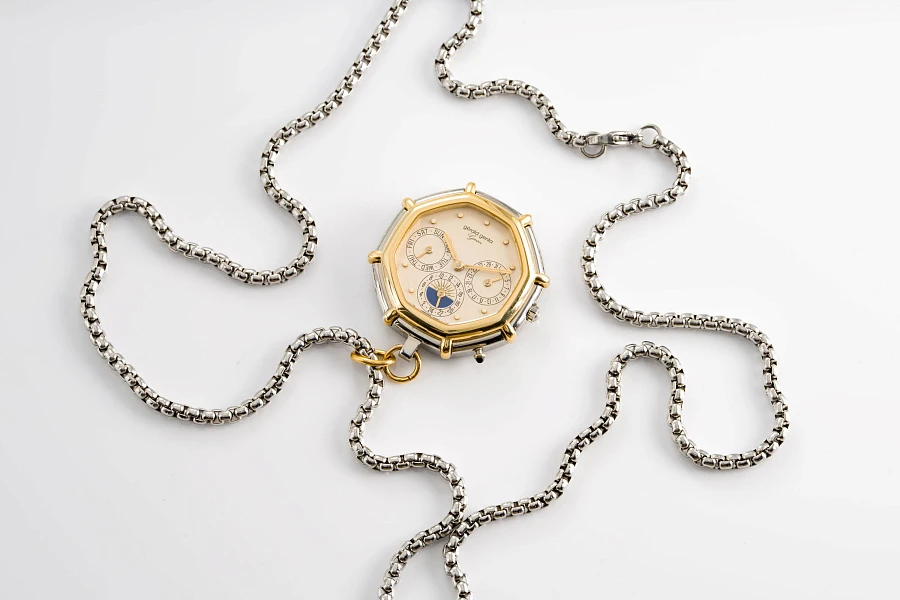 Customized Calendar Pendant Watch in Stainless Steel and 18k Yellow Gold