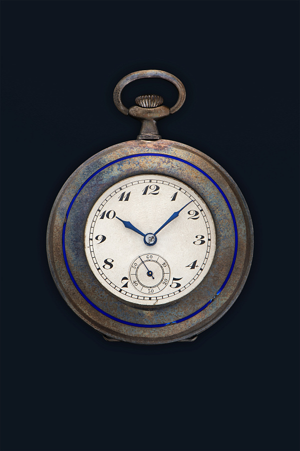 Silver Pocket Watch with Blue Enamel