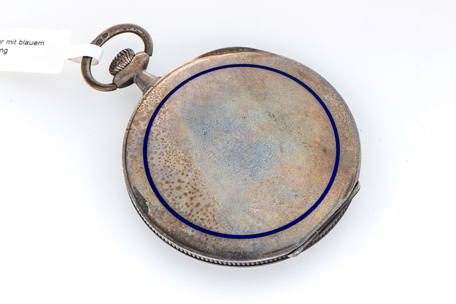 Silver Pocket Watch with Blue Enamel