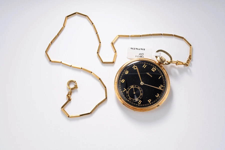 Pocket Watch in 14k Yellow Gold with Chain in 18k Yellow Gold