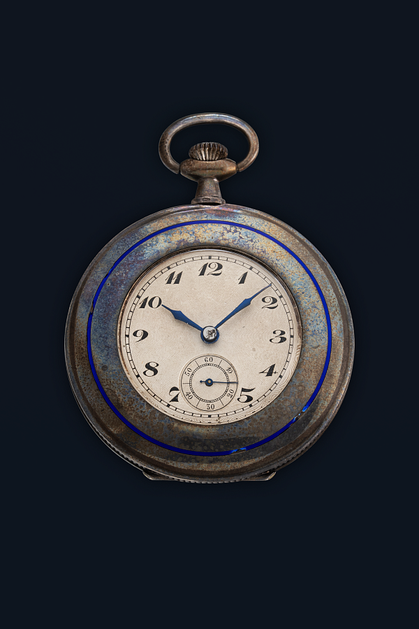 Silver Pocket Watch with Blue Enamel