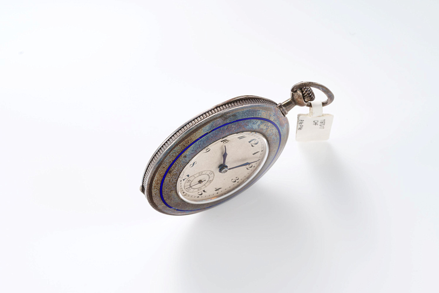 Silver Pocket Watch with Blue Enamel
